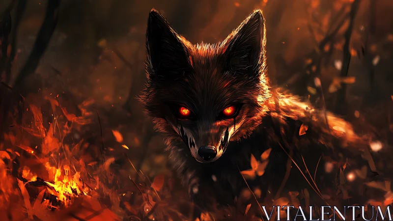 Demonic fox portrait rendered in high-contrast digital firelight