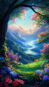 Luminous valley landscape framed by florid tree canopy and river