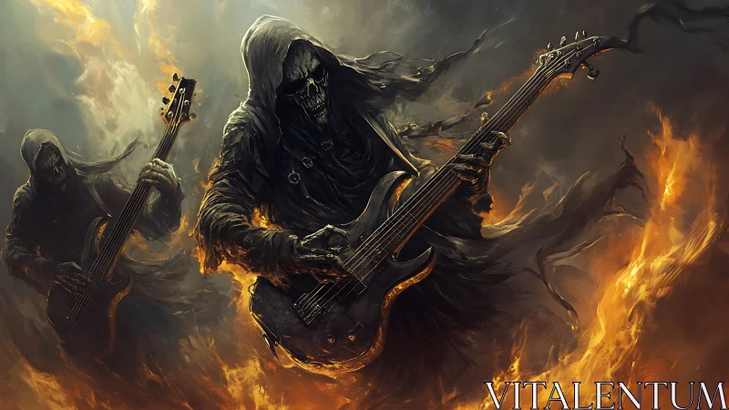 Hooded skeletal guitarists are depicted amid swirling flames