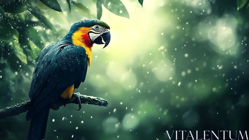 Vibrant Blue-and-Yellow Macaw in Lush Rainforest, Photorealistic Style.