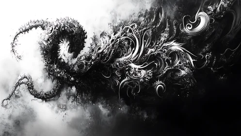 Monochrome abstract swirl forming dynamic flowing shape.