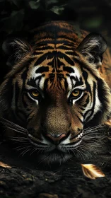 Low-angle stalking tiger portrait with dramatic chiaroscuro lighting