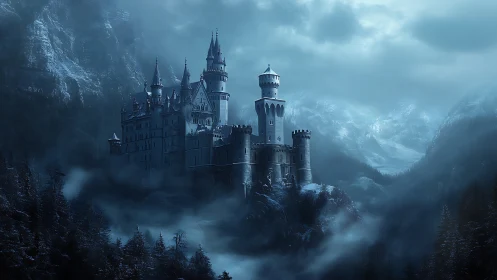 Frozen mountain castle rises through swirling alpine mist