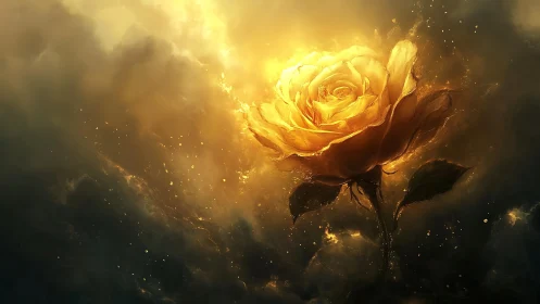 Golden rose illuminated within dark atmospheric clouds.