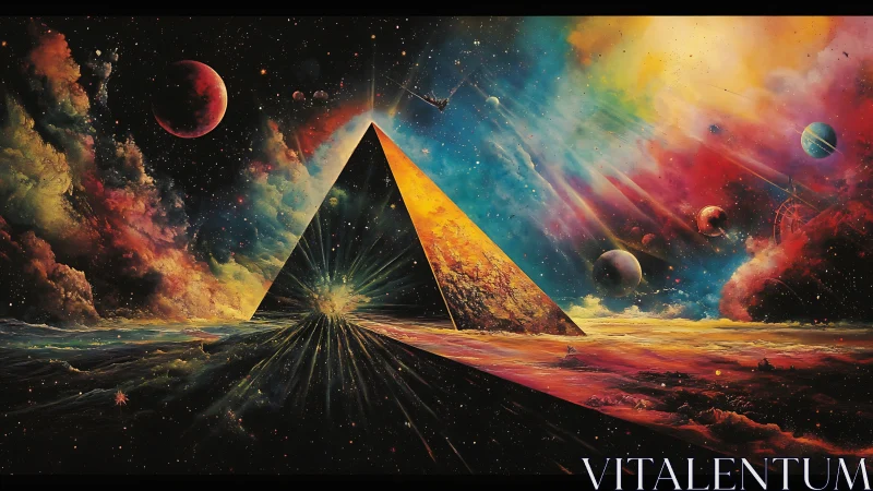 Cosmic prism pyramid cleaves a nebular sea of radiant worlds.