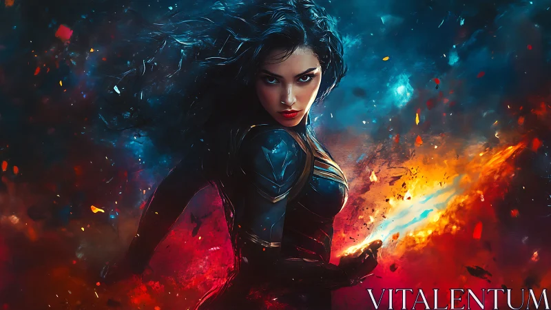 Female warrior stands in swirling fire and blue energy field