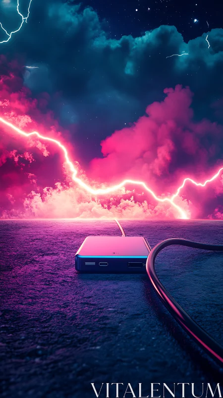 Neon thunderstorm charging a lone cyberpunk power bank.