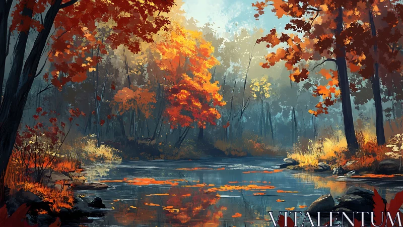 Autumn Forest Stream. Golden light filters through fiery canopy.