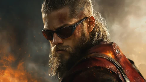 Battle-hardened warrior with sunglasses in blazing embers