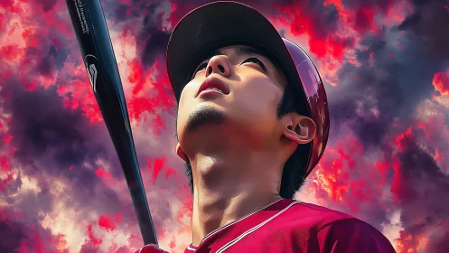 Digital painting portrait of baseball player under dramatic sky.