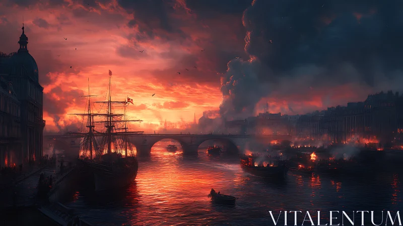 Fiery harbor sunset bathes historic city in glowing light