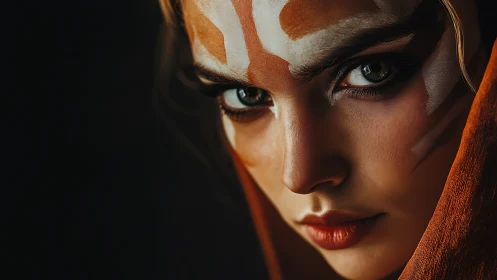 Warrior portrait with fierce eyes and tribal face paint.