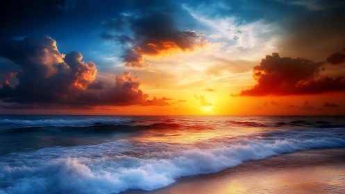 Sunset tide ignites the horizon in stormlit ocean colorstorm.