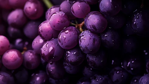 Macro closeup captures dewy purple grapes under moody light.