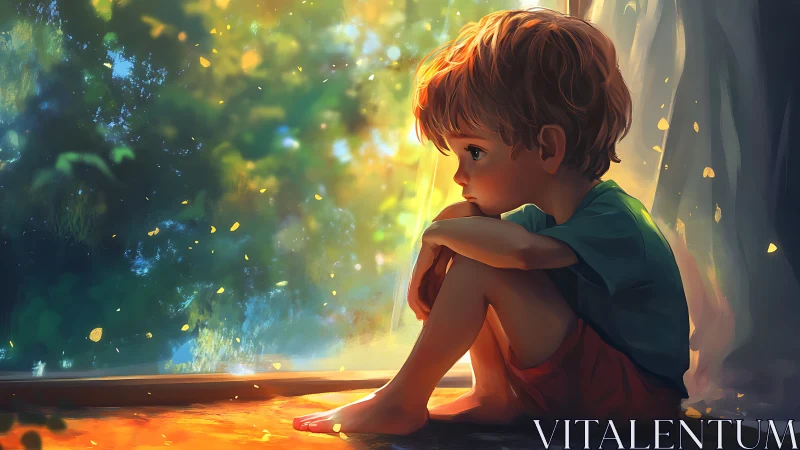 Thoughtful child sits in warm window light watching summer leaves