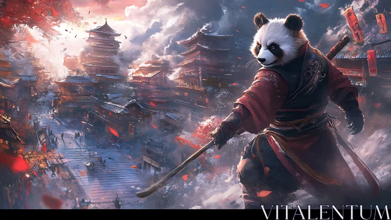 Panda warrior stands bold over a glowing ancient cityscape.