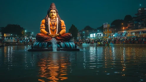 Large illuminated deity statue on urban lakeside at night.