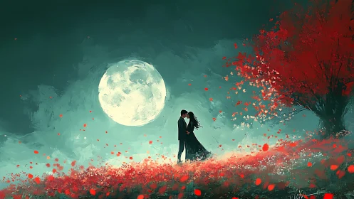 Moonlit Romance Blooms Beneath Crimson Skies.