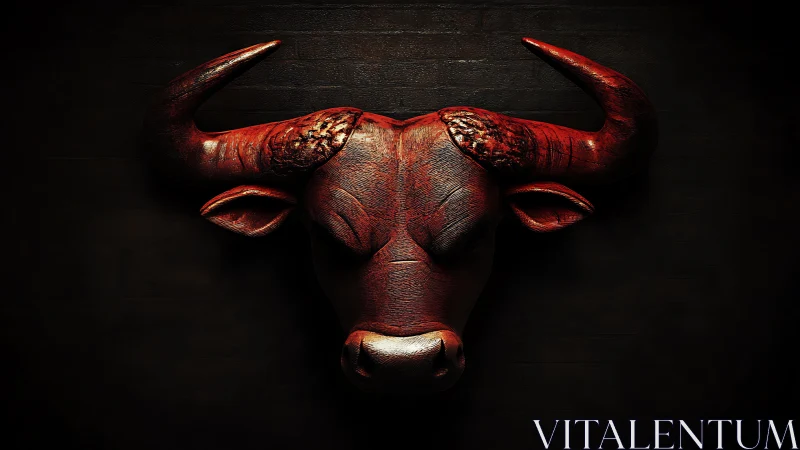 Red carved bull head mounted on dark textured wall.