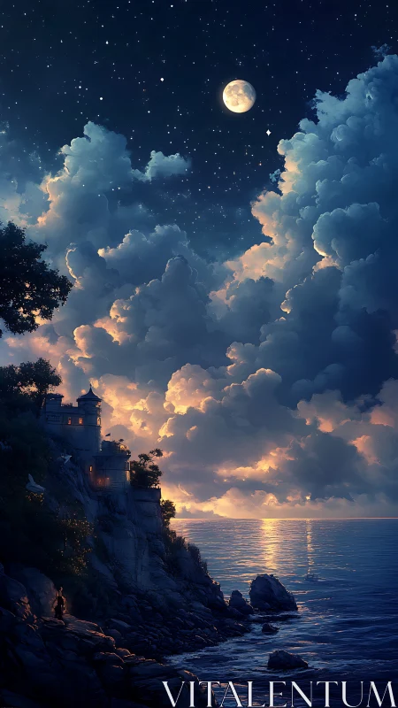 Moonlit cliffside castle above luminous storm-swept sea.