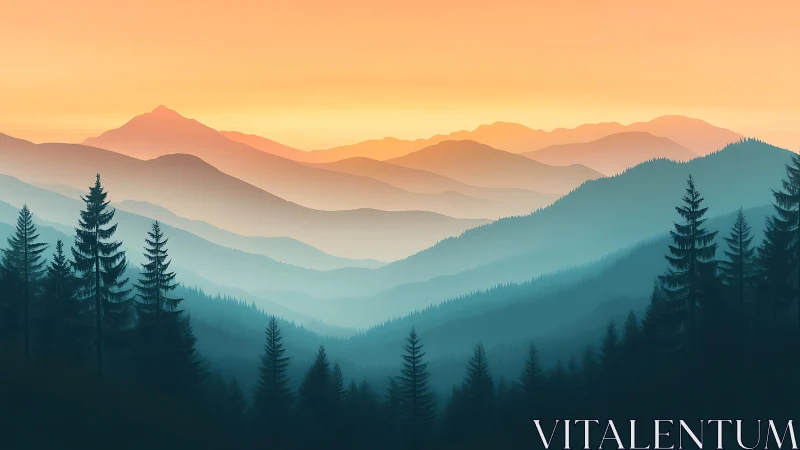 Sunrise cascades over misty pine ridges in painted calm.