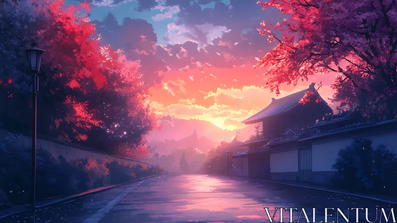 Twilight wet street beside traditional Japanese compound, sakura glow