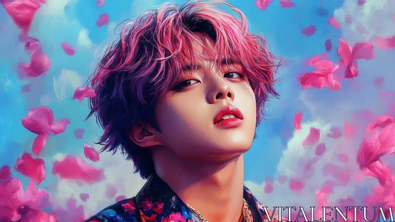 Dreamy pink-haired muse framed by floating flower petals.