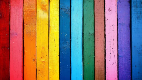 Colorful vertical wooden planks in bright rainbow stripes.