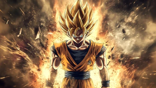 Anime energy warrior in explosive symmetrical power stance.