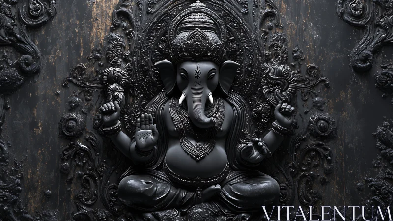 Monochrome high-relief Ganesh sculpture with ornate floral mandala