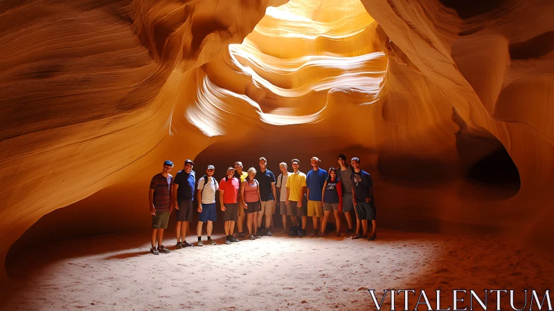 Group of hikers under sculpted sandstone skylight glow.