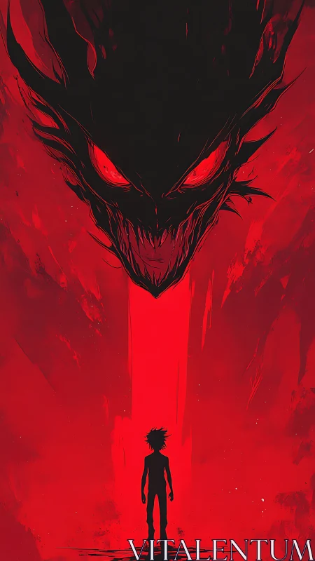 Silhouetted figure faces looming demonic dragon head above