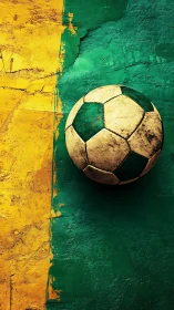 Weathered soccer ball on textured yellow and green surface.