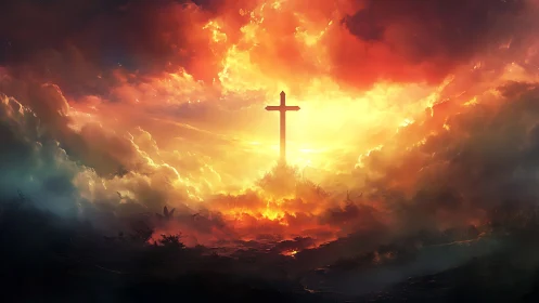 Radiant atmospheric cross amid volumetric apocalyptic clouds.