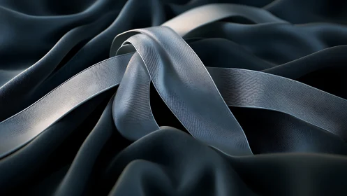 Photorealistic metallic ribbons on dark draped fabric surface.