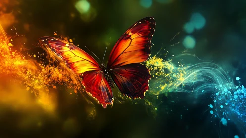 Bioluminescent orange butterfly in dual chromatic energy trails