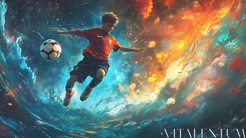 Young soccer player in swirling fire and water vortex.
