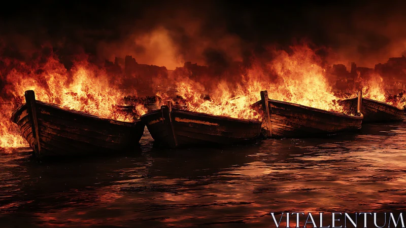 Rowboats burn on dark water under a dense orange sky