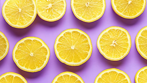 Lemon halves are arranged in a uniform grid on violet background