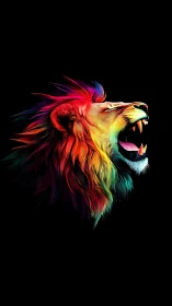 Neon lion profile roaring against deep black void.
