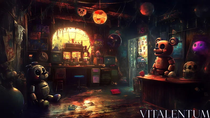 Rusty animatronic workshop under eerie neon sunset glow.