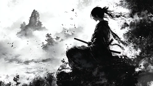 Quiet samurai silhouette resting between wind and mountains.