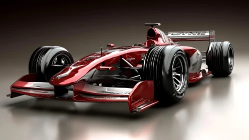 Aerodynamic crimson single-seater with high-downforce race trim.