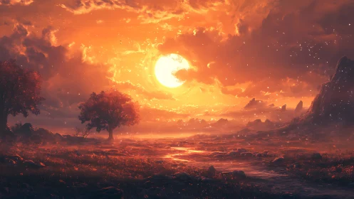 Molten twilight river quietly swallows the last fierce sun