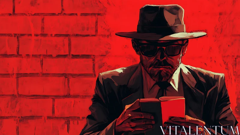 Noir spy reading dossier against bold red brick wall.