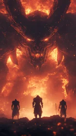 Colossal molten demon confronting three armored silhouettes
