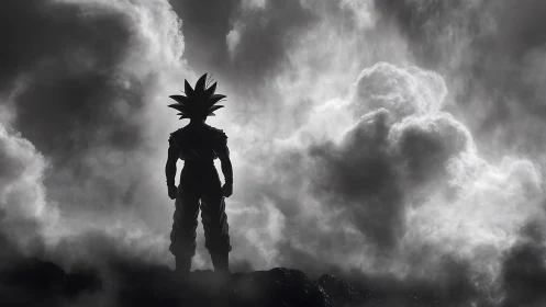 Silhouetted spiky-haired fighter stands against dense storm clouds