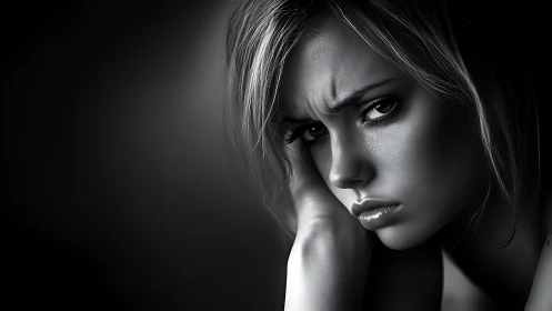 Monochrome closeup portrait of pensive woman in low key lighting