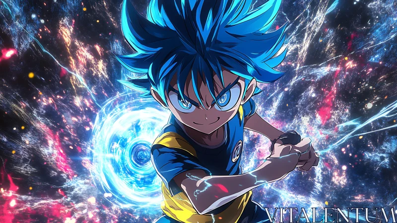 Blue haired anime hero charges power amid cosmic storm