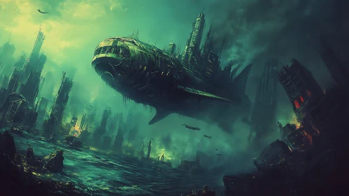 Colossal flying warship above drowned cyberpunk ruins.